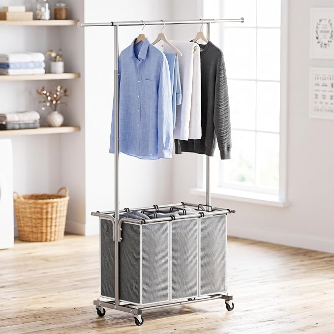 Simple Houseware Laundry Sorter Cart with Hanging Rod, Silver | Extendable Width from 30.25 to 49.25", Removable 3-Section Laundry Basket - Image 4