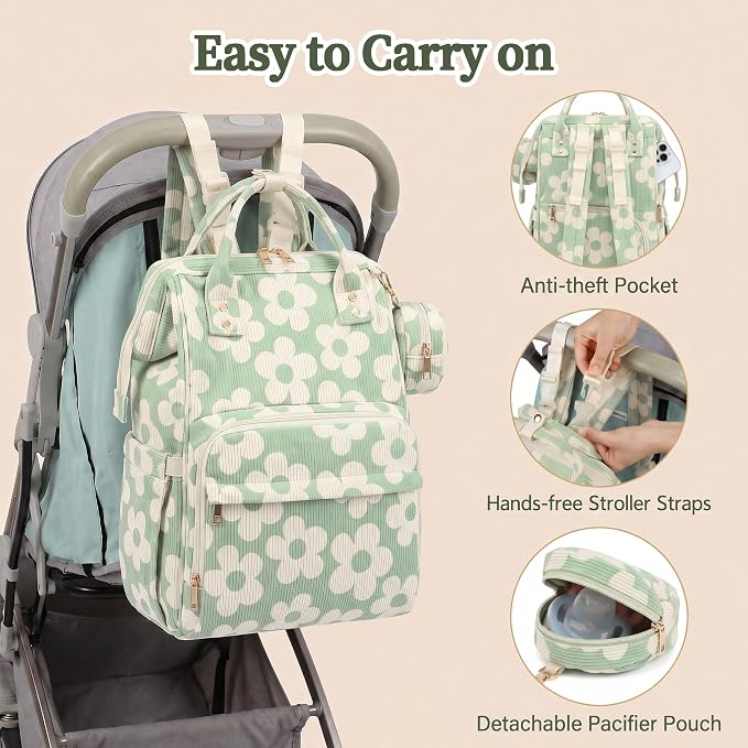 Baby Diaper Bag Backpacks for Mom Dad, Corduroy Large Capacity Multifunction Nappy Bag with Pacifier Case, Baby Travel Essentials Diaper Backpack for Boys Girls - Large Flowers Green - Image 7