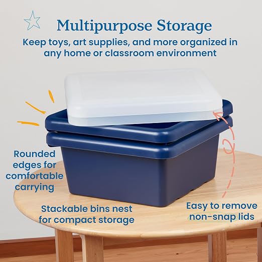 ECR4Kids Stackable Square Bins with Non-Snap Lids, Multipurpose Organization, Navy, 2-Pack - Image 4