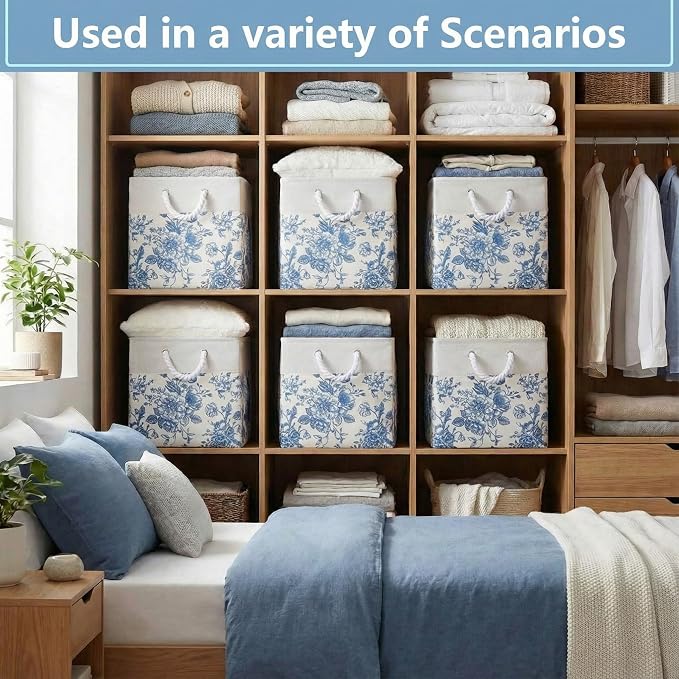 LemonRoad 6 Pcs Blue Floral Cube Storage Bins 11.22 Inch Square Storage Basket with Handle, Preppy Girls Organizer Basket, Collapsible Fabric Box for Classroom Bedrooms Office Home Decoration Giftad - Image 6
