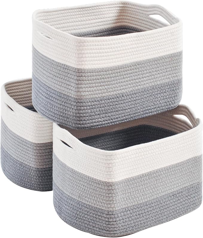 Storage Baskets for Organizing Shelves, Woven Cotton Rope Basket for Storage, Dog Toy Baskets Storage Kids, Book Bins for Living Room Bedroom, 14.8"×11"×9.5", Pack of 3, Gradient Grey by Unknown