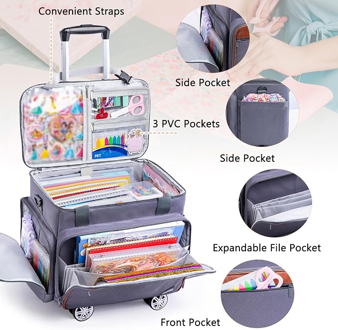AMOIGEE Rolling Craft Bag with Wheels, 360° Swivel Rolling Scrapbook Organizer for Cricut, Paper Crafts, Classroom Supplies, Large Teacher Tote with Detachable Trolley for Men, Women - Image 4