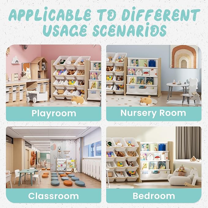EXPERLAM Kids Toy Storage Organizer - Toy Organizer with Bookshelf, Toy Storage with 12 Toy White Bins and 4 Book Shelves, Toy Organizers and Storage for Playroom, Nursery, Kids Room, Burlywood - Image 5