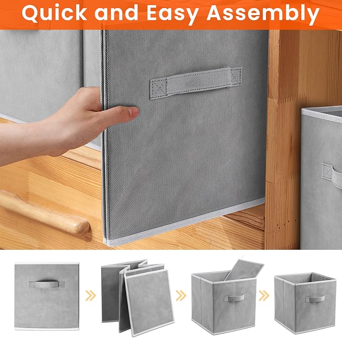 Storage Cubes - 11 Inch Heavy Duty Fabric Closet Bins for Shelves, Cube Organizer - 24 Pack Collapsible Decorative Storage Bins Baskets for Organizing Clothes Blankets Toys (Grey) - Image 7