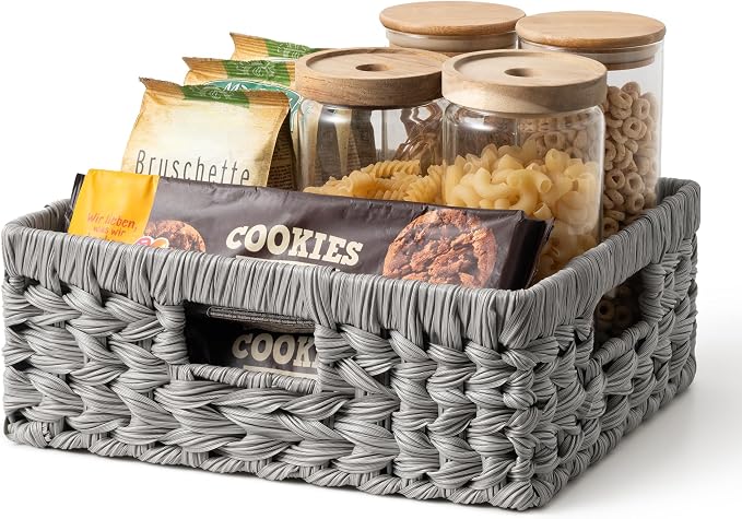GRANNY SAYS Wicker Baskets for Organizing, Grey Pantry Baskets,1-Pack | Large Shallow Basket,Wicker Storage Baskets for Shelves,Woven Baskets for Storage,Rectangle Basket,Wicker Baskets for Storage by GRANNYSAYS