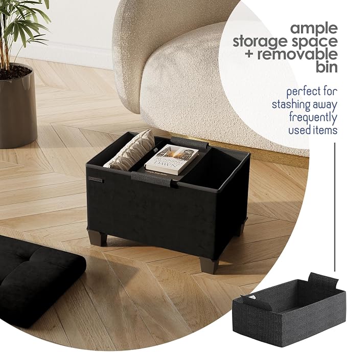 Storage Ottoman Cube with Small Bin, 16-in Square Ottoman with Storage for Living Room and Bedroom, Small Ottomans Foot Rest, Velvet Foot Stools Ottomans Max 330lbs, Black - Image 3