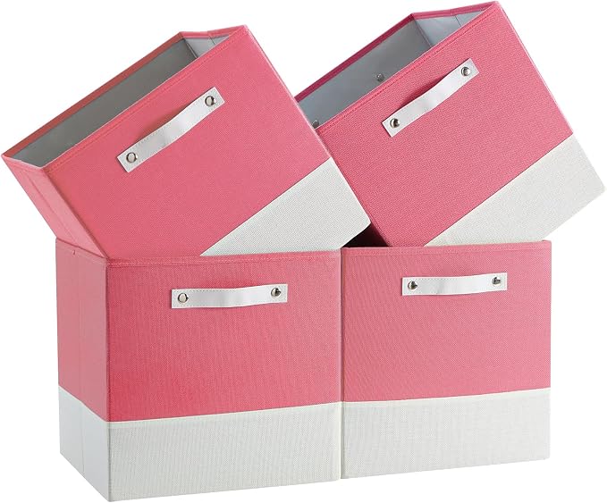 Cube Storage Bins | 13"x15"x13", Pink & White, 4 Pack | Multi-Size | 2X Thick Support Board | Vegan Leather Handles | 7.7 oz/yd² Fabric | Drawer Insert Basket Fits KALLAX by FABINADO