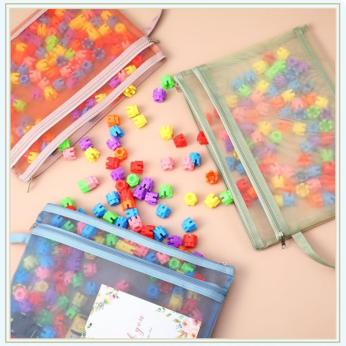 25 Pack Colored Mesh Zipper Pouch Bags Double Layer Nylon Puzzle Bags A4 Zipper Pouch with Handle for Toy Organizer Storage School Office(Gray, Blue, Vermilion, Khaki, Green) - Image 4