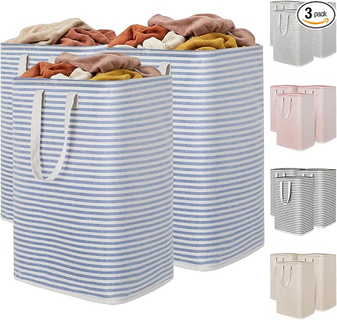 Lifewit 3 Pack Laundry Basket 80L Each, Collapsible Clothes Hamper with Reinforced Handles, Freestanding Waterproof Design for Bedroom and Laundry Room, Blue 240L Total by Lifewit