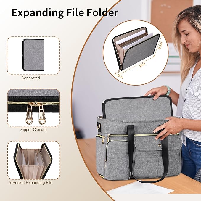 ESTARER Teacher Tote Bag for Women 2Pcs, 15.6'' Laptop Work Bag Computer bag w/Expandable File Folder, Large Water-Resistant Messenger Shoulder bag w/Insulated Pocket for Office/Travel/College, Grey - Image 4