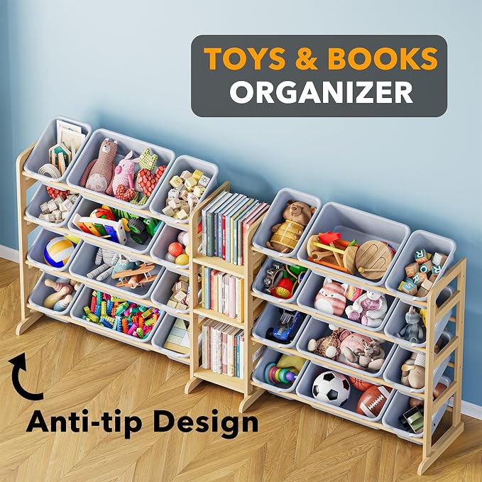 SpaceAid Large Toy Storage Organizer with 24 Bins and 3 Shelves, Toy Organizers Storage Bookshelf, Kids Bin Shelf Box Bookcase for Bedroom Playroom Organization Room Decor, Neutral Gray - Image 4