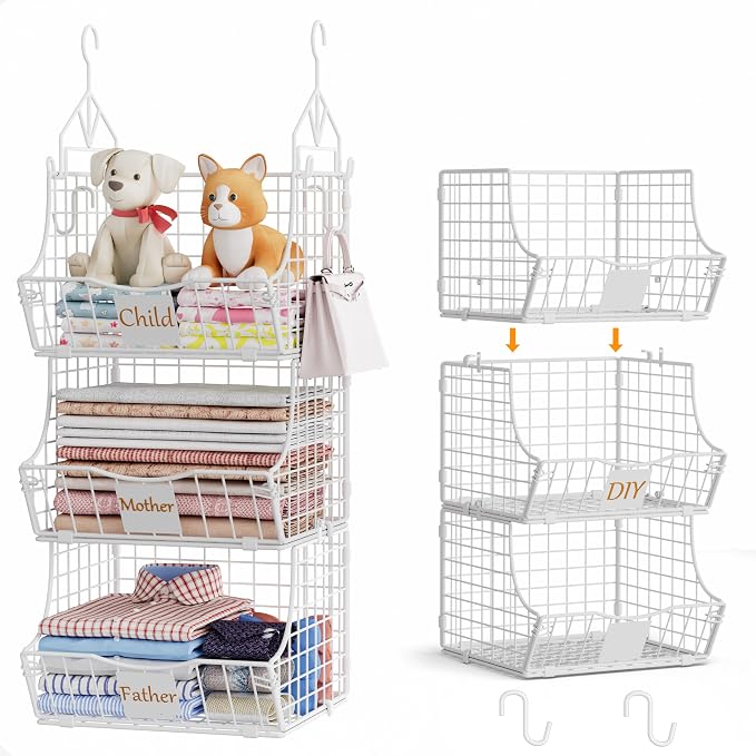 Hanging Closet Organizers and Storage, 3 Tier Closet Shelf Clothes Organizer with 2 S-Hooks, Multi-Functional Iron Wire Baskets, for Clothing, Sweaters, Handbags, Hat, Canned by Unknown