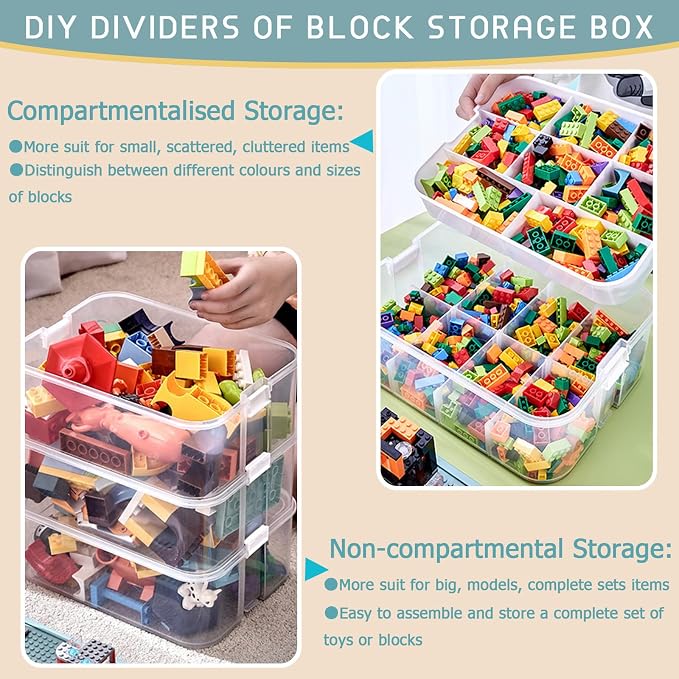 Plastic Storage Organizer for Lego Box Kids Child Toy Stackable Containers with Lids Bins 3 Layers Adjustable Compartments Building Blocks Chest Case - Image 3