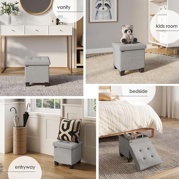 Storage Ottoman Cube with Small Bin, 15-in Square Ottoman with Storage for Living Room and Bedroom, Small Ottomans Foot Rest, Fabric Foot Stools Ottomans Max 330lbs, Light Grey - Image 4