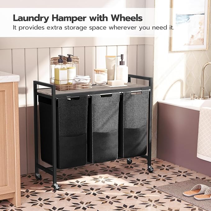 HOOBRO Laundry Sorter 3 Section, Laundry Hamper with Wheels, 3 × 11.5 Gal (43.4L), Rolling Laundry Basket, Pull-Out and Removable Oxford Fabric Bags, Greige and Black BG76XY01 - Image 4
