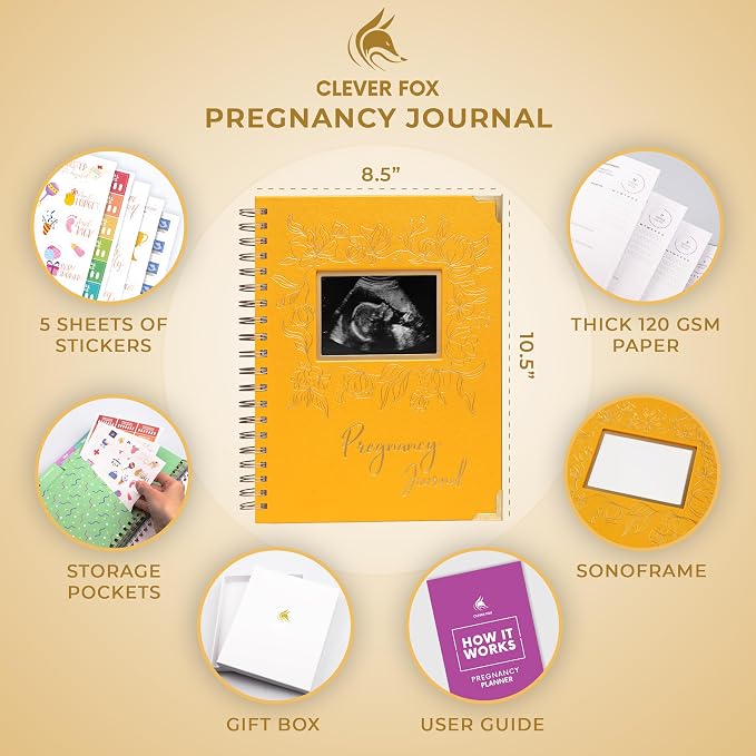 Clever Fox Pregnancy Journal, Expecting First Time Mom Planner Amber Yellow | SonoFrame edition, Organized pregnancy & baby diary with weekly countdown calendars & checklists, memory book 9 x 10.5 in - Image 2