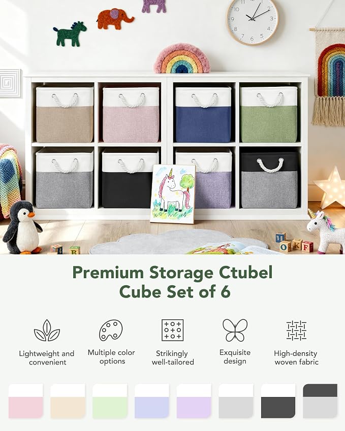 12x12 Inch Fabric Cube Storage Bins with Cotton Rope Handle 6-Pack | Top Support of Metal Frame, Bottom with Cardboard Support, Foldable Storage Bins for Closet, Bedroom, White Green - Image 7