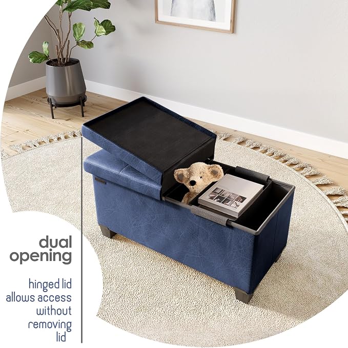 Storage Ottoman Bench with Bins, 30-in Storage Bench for Bedroom End of Bed, Folding Foot Rest Ottoman for Living Room Max 660lbs, Leather Ottomans, Blue - Image 9