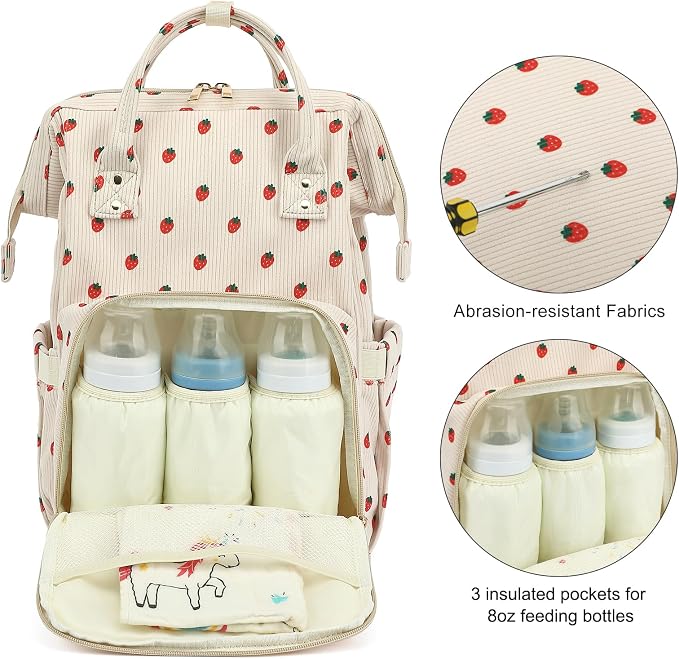 Corduroy Diaper Bag Backpack for Baby Girls Boys, Women Large Nappy Bags for Mom (Beige Corduroy Strawberry) - Image 3
