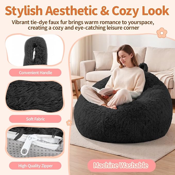Stuffed Animal Storage Bean Bag Chair Cover, Soft Bean Bag Cover | Fluffy Faux Fur Stuffed Animal Storage Chair, Non-Slip Bottom, Fill with Plush Toys or Blankets, for Adults Teens Kids Girls - Image 5