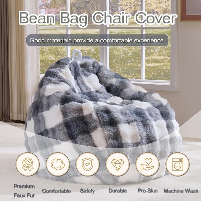Fluffy Faux Rabbit Fur Bean Bag Chair Cover(No Filler),Cozy Shaggy Bubble Stuffed Animal Storage Large Bean Bag Cover for Bedroom Living Room,Fuzzy Bean Bag Cover Girls Teens Adult,White and Grey - Image 2