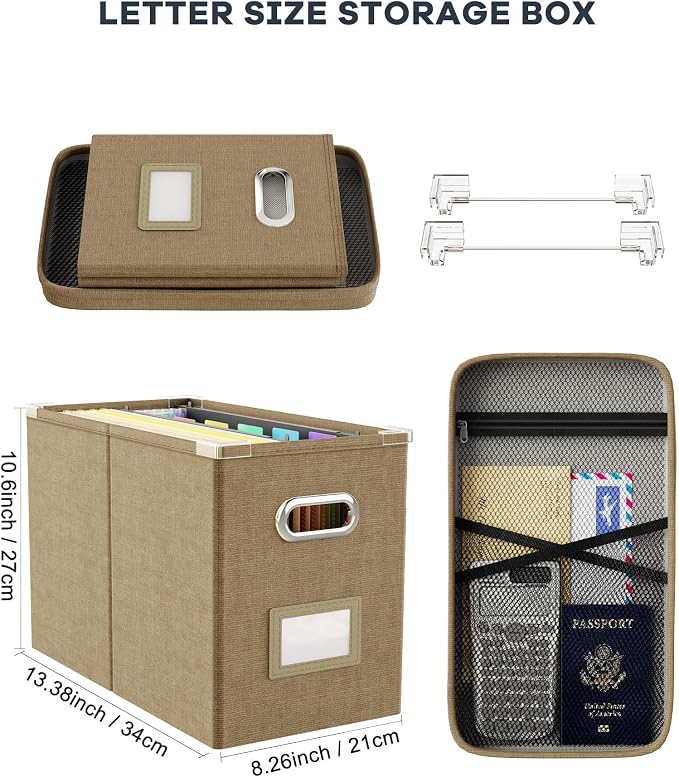 File Organizer Box with Lid, Hanging Filing File Box with Mesh Pocket, Document Organizer Box for Letter Files, Portable Storage Box with Smooth Sliding Rail for Office&Home(1 PCS, Khaki) - Image 2