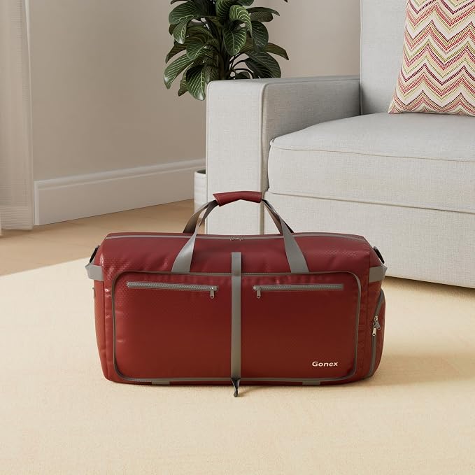 Gonex 80L Foldable Travel Duffle Bag with Shoe Compartment, Lightweight | 210D Nylon, Water-Repellent, Folds Compact, Multiple Pockets, Luggage Sleeve, Weekend Trips & Camping, Red - Image 2