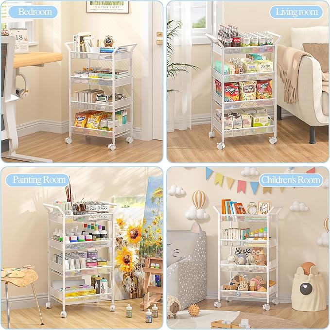 2 Pack Baby Diaper Caddy Cart, 4-Tier Diaper Caddy Organizer and Storage, Rolling Utility Cart for Baby Supplies, Diaper Cart with Wheels for Bedroom, Nursery, Changing Table, White - Image 6