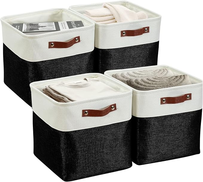 DECOMOMO Cube Storage Bin 11x11, Fabric Storage Bins | 4 Pack, Storage Baskets for Shelves, Kallax Storage Cubes (Black & White) by DECOMOMO