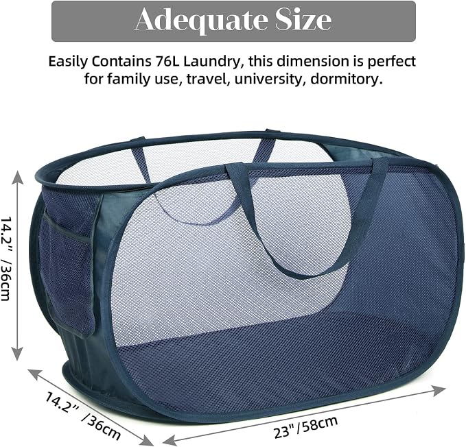 Durable Collapsible Laundry Baskets, Mesh Pop Up Laundry Hamper with Side Pocket, Foldable Clothes Hamper with Reinforced Carry Handles for Laundry, Bathroom, Kids Room, Dorm, Travel 2 Pack Navy Blue - Image 3