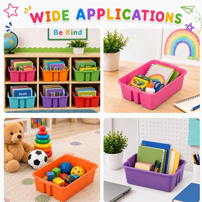 6 Pack Plastic Book Bins Stackable Classroom Cubby Organizer, Rainbow | Scoop Front Storage Bins, Cubby Bins with Handles for School Library Office Home Nursery Playroom Organization - Image 6