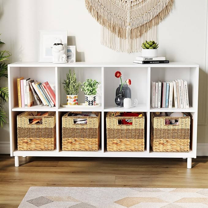 SpaceAid 4 Pack 3 Pattern Design Wicker Basket, Baskets for Organizing, Storage Rattan Basket with Handles for Shelves, Woven Cube Storage Bin Organizer, 10.5x10.5x10.5 inch, Natural - Image 4