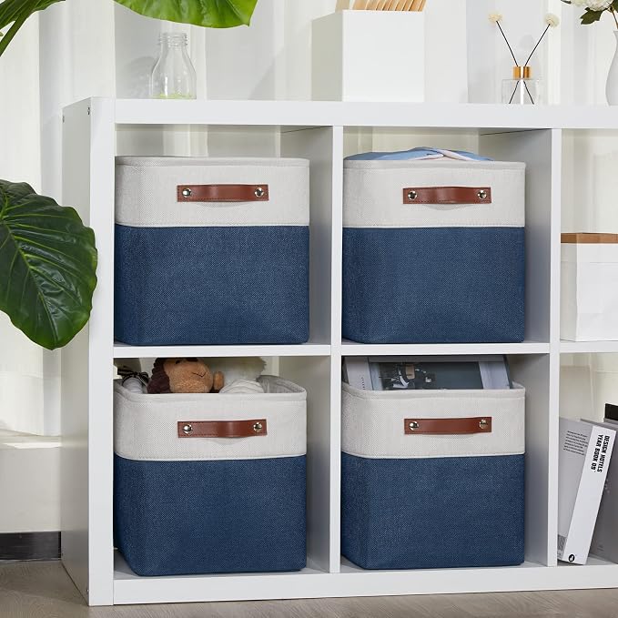 DULLEMELO [Set of 4 Storage Cubes Baskets for Organizing, 11 x 11 x 11 inch Cube Storage Organizer Bins with Leather Handles, Foldable Fabric Cloth Bins for Cube Storage(4 Pack - 11" White&Blue) - Image 4