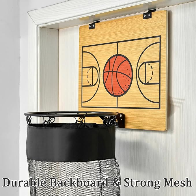 Oversized Basketball Laundry Hamper with Wooden Backboard – Over the Door Basketball Hoop Laundry Basket for Dirty Clothes, Boys Room Organizer & Fun Clothes Hamper (Wood) - Image 6