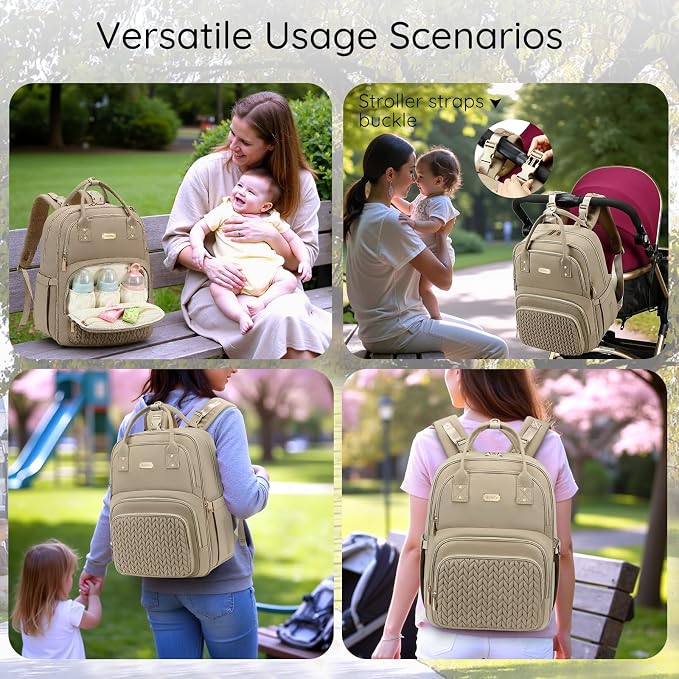AIJIEKE Diaper Bag Backpack, Large Multi-functional Diaper Backpack, Khaki | Waterproof lightweight baby backpack. With changing pad, stroller straps, insulated & wet/dry pockets. Mom & dad essential - Image 3