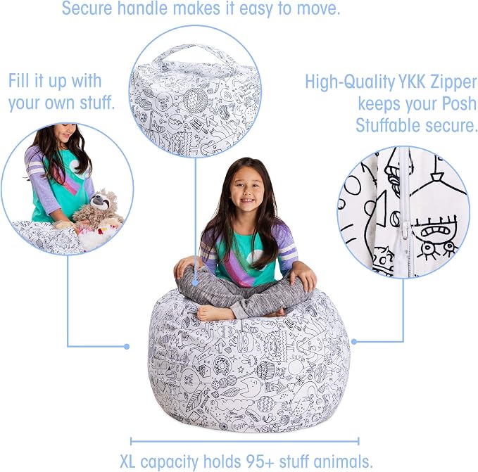 Posh Stuffable Kids Stuffed Animal Storage Bean Bag Chair Cover - Childrens Toy Organizer, Large 38" - Canvas Fun Creatures Coloring Fabric - Image 4