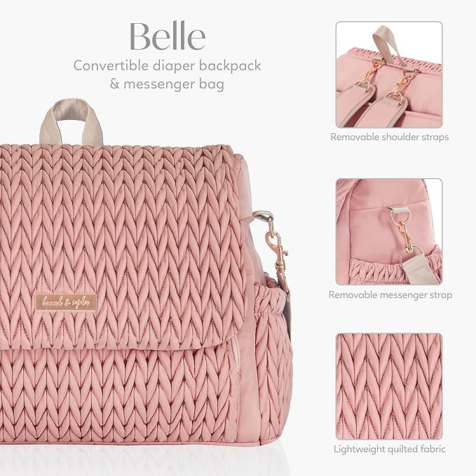 Hannah & Sophia Belle Convertible Baby Diaper Backpack & Bag in Pink Polyester with Classic Style | Waterproof Changing Pad, Spacious, Multiple Pockets & Insulated Bottle Holders, Detachable Straps, Quilted Easy-Clean Fabric - Image 5