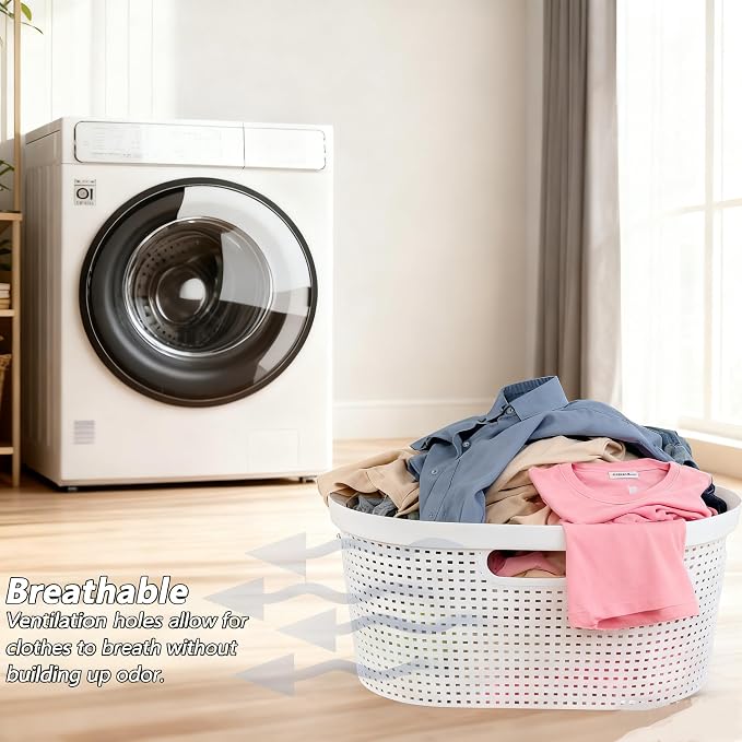 4 Pack 40L Plastic Laundry Basket, Stackable Hamper with Handles | White Laundry Storage Basket, Lightweight Design for Bathroom or Laundry Room, Easy Carry Grip - Image 4