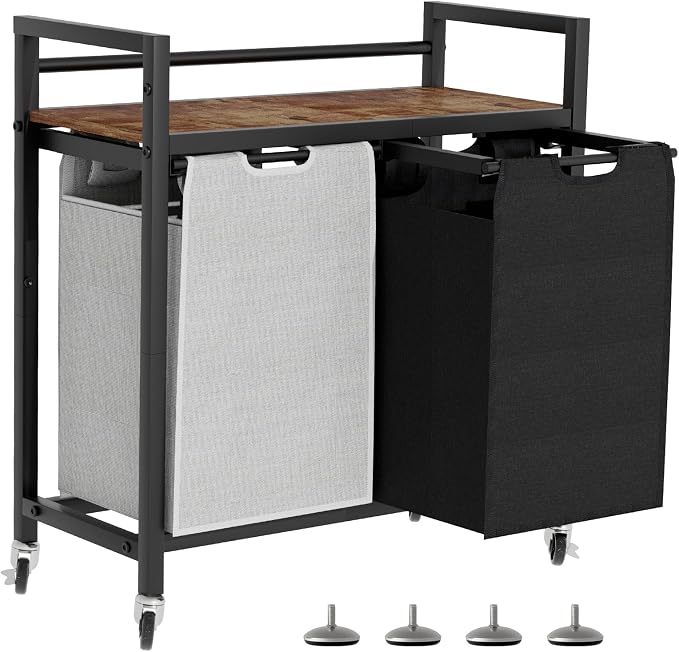 SwaaVee Laundry Sorter, Laundry Hamper with Wooden Top Shelf, 2×14.5Gal(110L), Metal Frame laundry basket with wheels, Pull out and Removable Laundry Bags, 2 Bags-Black Grey by SwaaVeeYourBestOrganizingHelper
