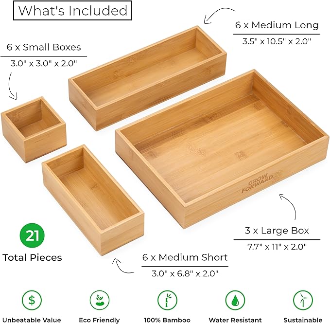 Grow Forward Bamboo Drawer Organizer Boxes - Set of 21 Wooden Drawer Organizers for Kitchen, Bathroom, Office, Desk, Vanity, Makeup - Non-Slip Junk Drawer Organizer Trays for Storage and Organization - Image 3