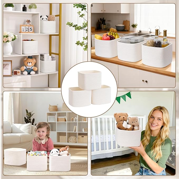 3 Pack Cube Storage Bin, 9”x9”x7” Cotton Rope Woven Baskets for Organizing Toys Clothes Towels, Square Gift Storage Baskets for Shelves, Nursery, Closet, Bathroom, Pantry (White) - Image 9