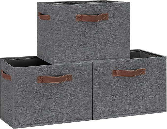GhvyenntteS Large Fabric Storage Bins with 3 Handles, 15x11x9.6 Inch Storage Baskets for Shelves, Foldable Closet Storage Bins for Shelves, Closet Organizers and Storage Boxes, Gray by GhvyenntteS