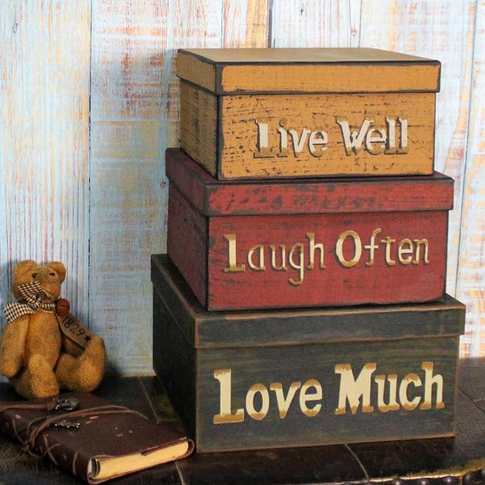 Primitive Vintage Square “Live Well, Laugh Often, Love Much” Cardboard Nesting Boxes, Large 11 X 11 X 5-1/2 Inch. Set of 3. - Image 4