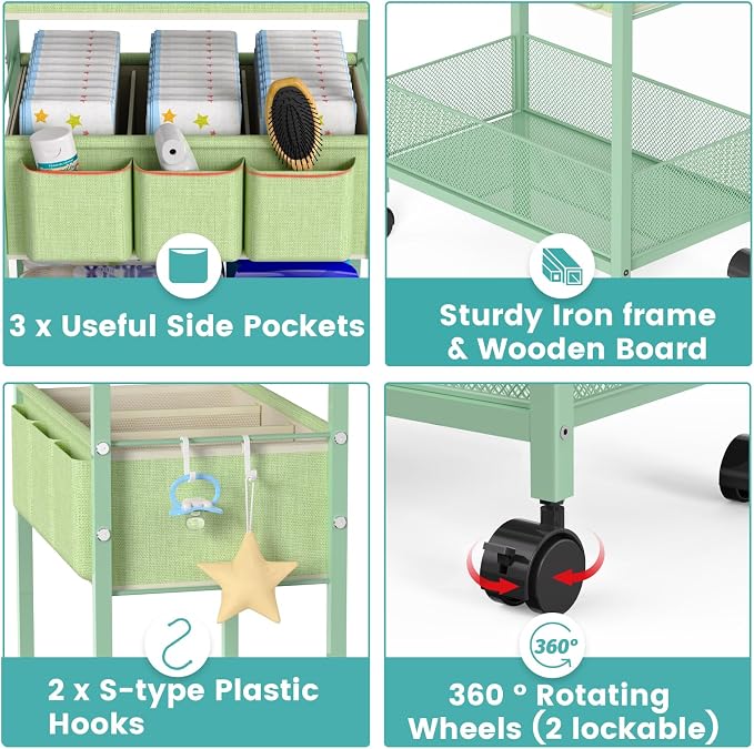2in1 Baby Diaper Caddy Organizer Cart, 3-Tier Rolling Cart, Metal Diaper Caddy Carts, Bedside Carts for Nursery Essentials Storage, Detachable Dividers, Large Capacity, Green - Image 6