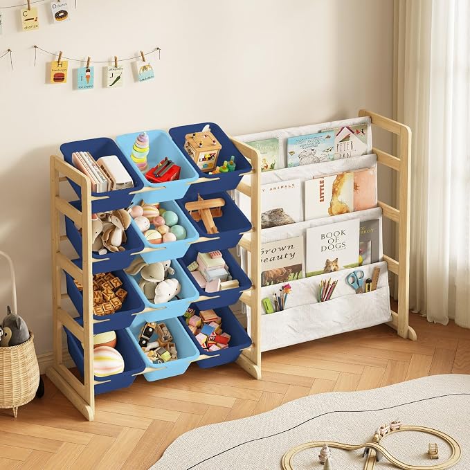 EXPERLAM Toy Storage Organizer with Bookshelf - 12 Storage Bins 4-Tier Multipurpose Shelf to Organize Toys and Books for Kids Room, Playroom, Nursery Room, Blue - Image 8