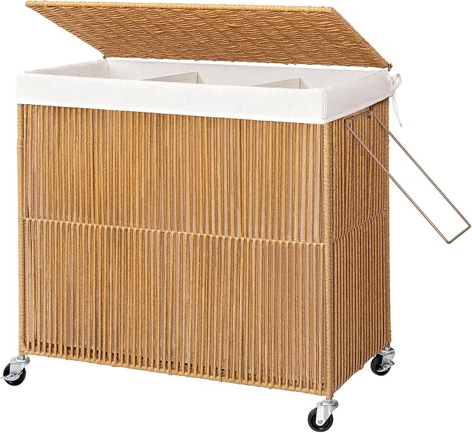 WOWLIVE Laundry Basket 3 Section, Handwoven Laundry Hamper with Wheels | Rolling Clothes Hamper with Lid and Divided Removable Bag, 160L Large Laundry Sorter, Laundry Room Organization, Natural by WOWLIVE