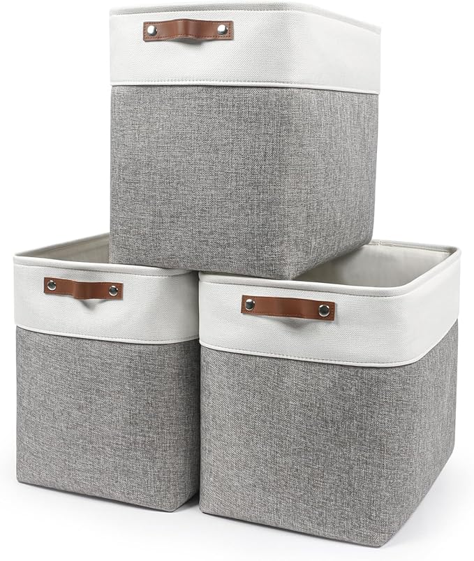 Large Fabric Storage Baskets | 50L Storage Bins, Decorative Linen Closet Baskets with Handles for Organizing, Shelf, Toys, Clothes, Home, Office, Nursery, 17x12x15Inches (Grey&White) by Bagnizer