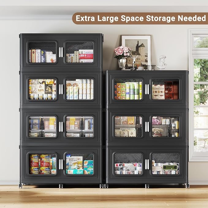 BROVIEW 880 Qt Extra Large Stackable Storage Bin with Lids, 4 Pack Black | 220Gal Extra Large, Collapsible Storage Boxes with 4 Lids, Folding& Rolling Plastic Drawer, Heavy-Duty Cabinet Organization - Image 4
