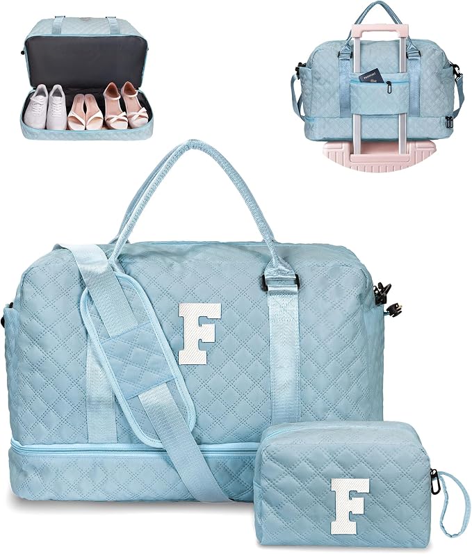 Gifts for Mom-Duffle Bag with Shoe Compartment-Overnight Bags | Personalized Weekender Bag, Letter Travel Bags with Makeup bags，Personalized Gifts Idea for Women Her-College Gift (Letter F) by Vogewood
