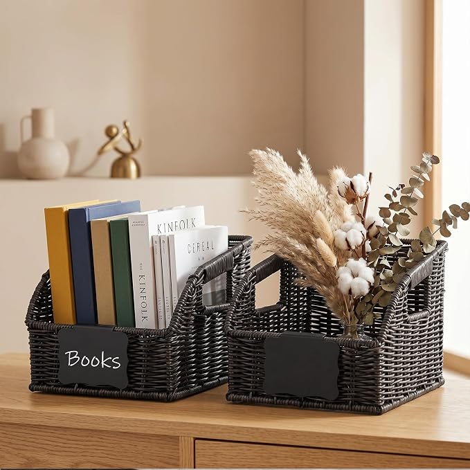 Brownlily Faux Wicker Pantry Storage Baskets, Black-Single Set (3-Piece) | Handwoven Baskets for Organizing with Built-in Handles, All-Purpose Storage Baskets with Chalkboard for Shelves,Laundry Room - Image 6